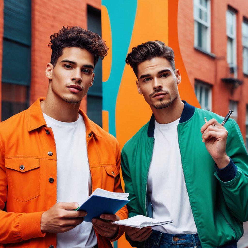 A collage featuring two charismatic male models showcasing diverse styles and poses against a vibrant urban backdrop. Integrate elements like a camera lens and elements representing storytelling, such as a notepad or speech bubbles, to signify insights. The mood should be dynamic and inclusive, capturing the essence of the modeling world. super-realistic. vibrant colors. cinematic lighting.