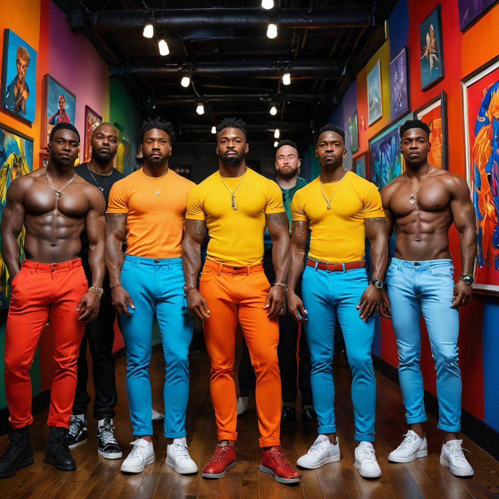 A vibrant gallery scene showcasing diverse male artists displaying their works that celebrate masculinity, adorned with colorful paintings and sculptures reflecting gay male culture. Highlight strong, confident male figures in dynamic poses, intertwined with elements of nature and urban life, symbolizing unity and diversity. Incorporate warm and bold colors for a lively atmosphere. Create a sense of pride and creativity. super-realistic. vibrant colors. 3D.